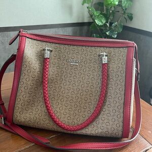 GUESS Tan and Red Satchel Bag